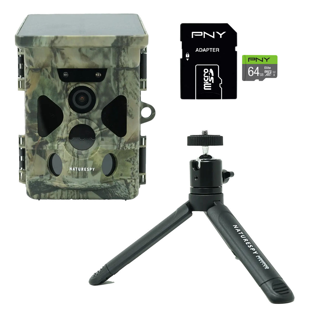 Naturespy Helarctos Trail Camera and PNY Micro SD Card and Minipod Stretch Tripod