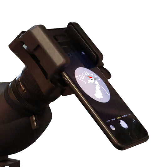 Viking Swallow Smartphone Adapter with iPhone fitted on a spotting scope