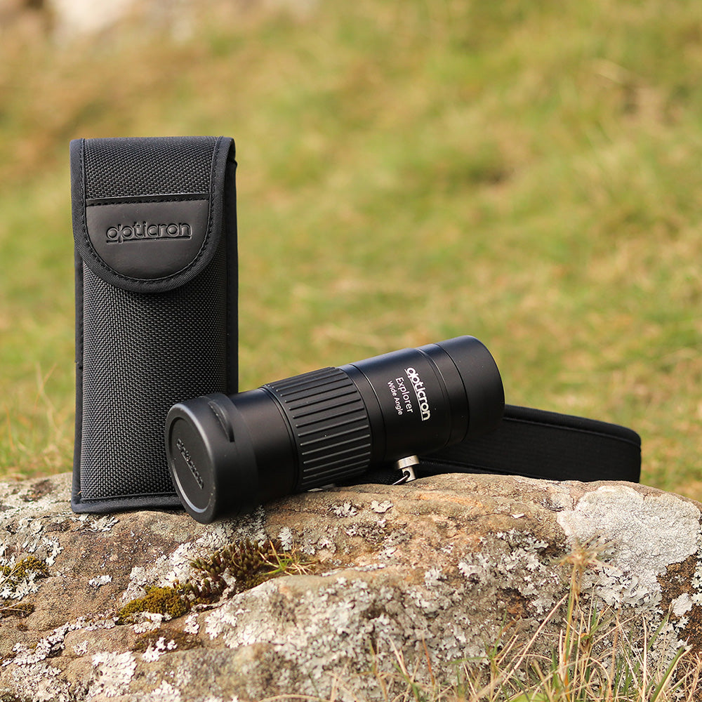 Opticron Explorer WA ED-R 42mm Monocular kit with strap and case outside