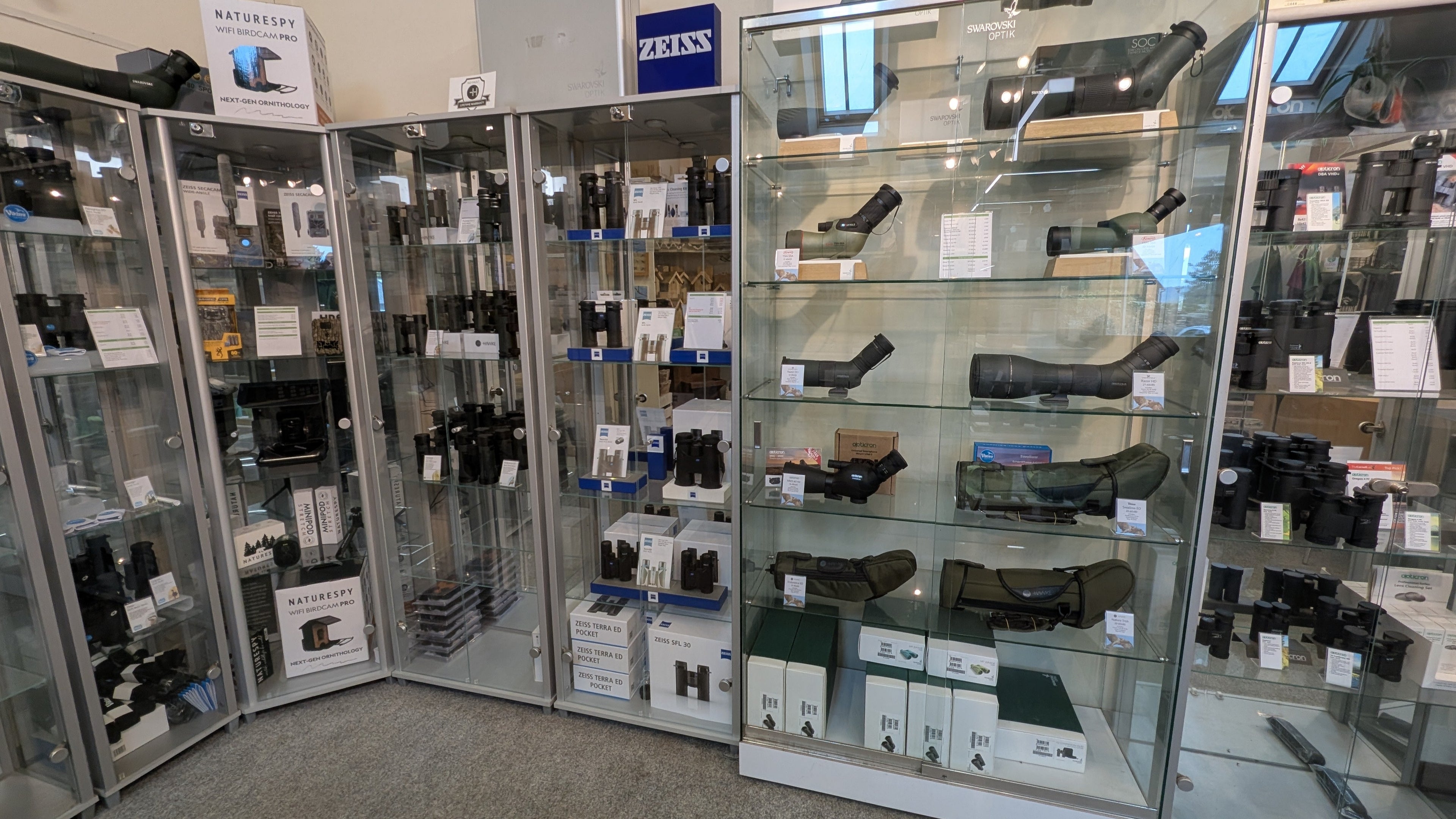 Feathers Optics Binoculars and Scopes on display