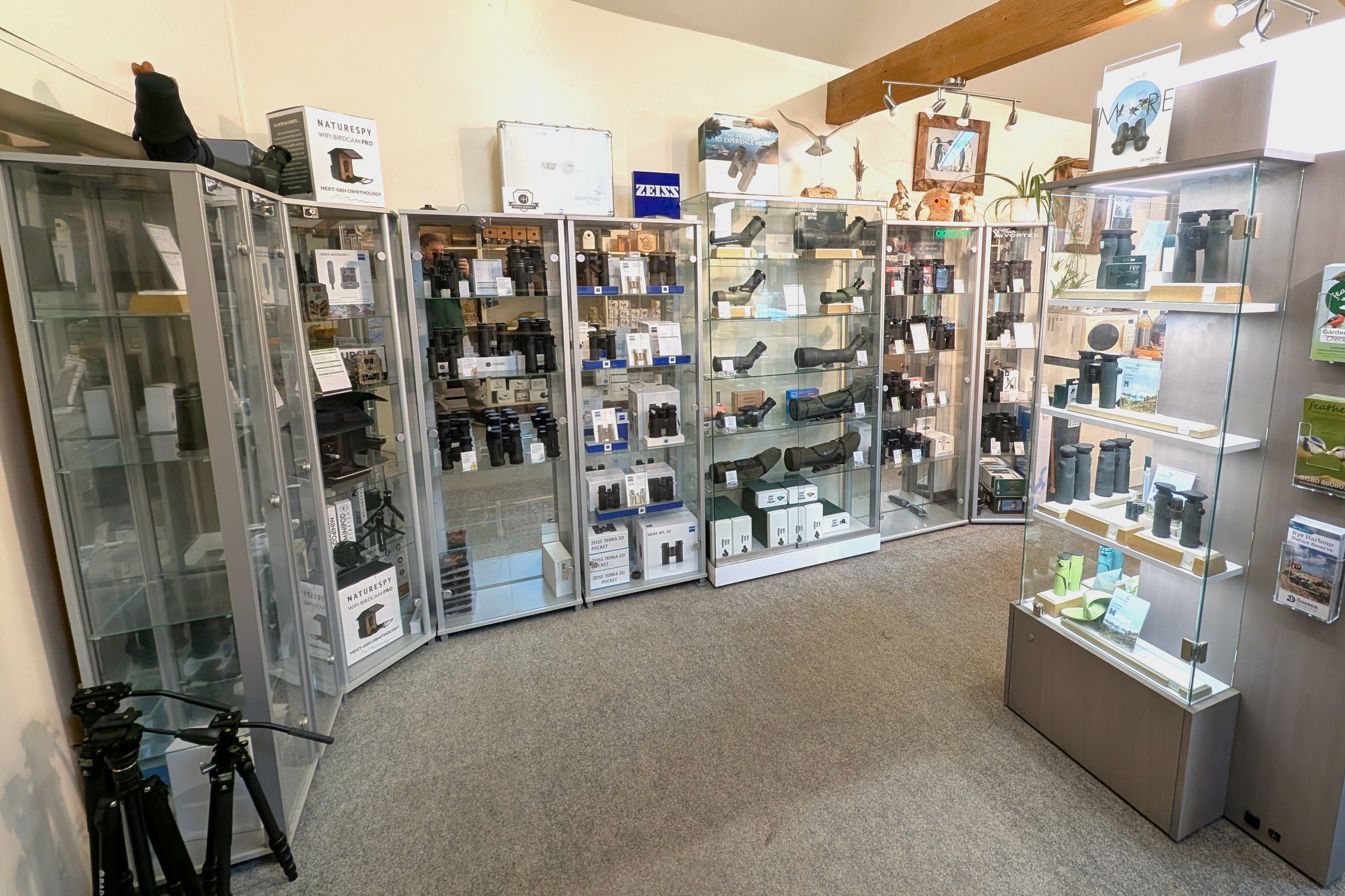 Feathers Optics binocular and scopes display cabinets 